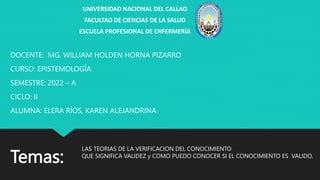 Temas:
UNIVERSIDAD NACIONAL DEL CALLAO
FACULTAD DE CIENCIAS DE LA SALUD
ESCUELA PROFESIONAL DE ENFERMERÍA
DOCENTE: MG. WILLIAM HOLDEN HORNA PIZARRO
CURSO: EPISTEMOLOGÍA
SEMESTRE: 2022 – A
CICLO: II
ALUMNA: ELERA RÍOS, KAREN ALEJANDRINA
LAS TEORIAS DE LA VERIFICACION DEL CONOCIMIENTO
QUE SIGNIFICA VALIDEZ y COMO PUEDO CONOCER SI EL CONOCIMIENTO ES VALIDO.
 