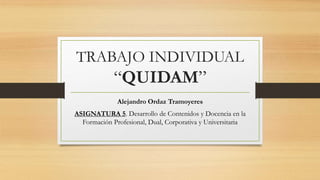 TRABAJO INDIVIDUAL
“QUIDAM”
Alejandro Ordaz Tramoyeres
ASIGNATURA 5. Desarrollo de Contenidos y Docencia en la
Formación Profesional, Dual, Corporativa y Universitaria
 