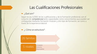 Las Cualificaciones Profesionales
 ¿Qué son?
Según la Ley 5/2002 de las cualificaciones y de la Formación profesional, son el
conjunto de competencias tanto capacidades como conocimientos que pueden ser
conseguidas mediante formación modular y otro tipo de formación, así como a
través de la experiencia laboral.
 ¿ Cómo se estructura?
26 familias
•Complejidad
•Autonomía
•Responsabilidad
5 niveles
 