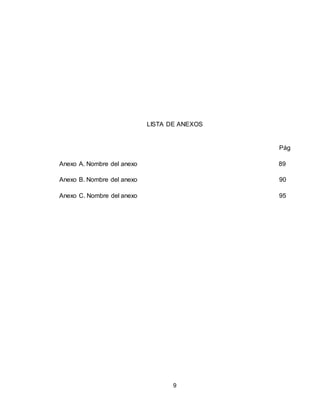 9
LISTA DE ANEXOS
Pág
Anexo A. Nombre del anexo 89
Anexo B. Nombre del anexo 90
Anexo C. Nombre del anexo 95
 