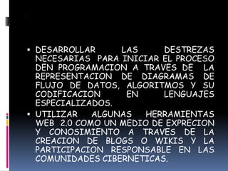 .
 DESARROLLAR LAS DESTREZAS
NECESARIAS PARA INICIAR EL PROCESO
DEN PROGRAMACION A TRAVES DE LA
REPRESENTACION DE DIAGRAMAS DE
FLUJO DE DATOS, ALGORITMOS Y SU
CODIFICACION EN LENGUAJES
ESPECIALIZADOS.
 UTILIZAR ALGUNAS HERRAMIENTAS
WEB 2.0 COMO UN MEDIO DE EXPRECION
Y CONOSIMIENTO A TRAVES DE LA
CREACION DE BLOGS O WIKIS Y LA
PARTICIPACION RESPONSABLE EN LAS
COMUNIDADES CIBERNETICAS.
 