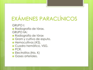 EXÁMENES PARACLÍNICOS
GRUPO I:
 Radiografía de tórax.
GRUPO IIA:
 Radiografía de tórax
 Gram y cultivo de esputo.
 Hemocultivos (#2).
 Cuadro hemático, VSG.
 PCR.
 Electrolitos (Na, K)
 Gases arteriales.
 