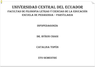 UNIVERSIDAD CENTRAL DEL ECUADOR
FACULTAD DE FILOSOFIA LETRAS Y CIENCIAS DE LA EDUCACIÓN
         ESCUELA DE PEDAGOGIA – PARVULARIA


                    INFOPEDAGOGÍA


                    Dr. BYRON CHASI


                   CATALINA TOPÒN


                     5to SEMESTRE
 