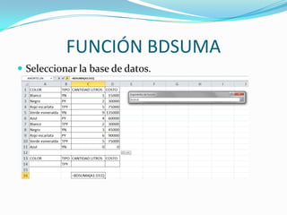 FUNCIÓN BDSUMA
 Seleccionar la base de datos.
 