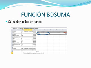FUNCIÓN BDSUMA
 Seleccionar los criterios.
 