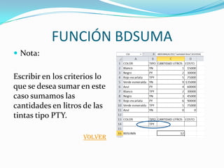 FUNCIÓN BDSUMA
 Nota:


Escribir en los criterios lo
que se desea sumar en este
caso sumamos las
cantidades en litros de las
tintas tipo PTY.

                     VOLVER
 