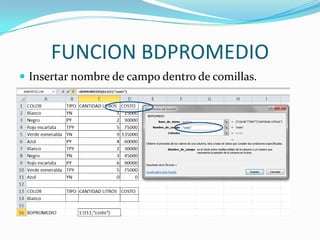 FUNCION BDPROMEDIO
 Insertar nombre de campo dentro de comillas.
 