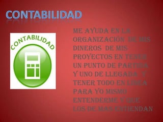 Me ayuda en la
organización de mis
dineros de mis
proyectos en tener
un punto de partida
y uno de llegada y
tener todo en línea
para yo mismo
entenderme y que
los de mas entiendan
 