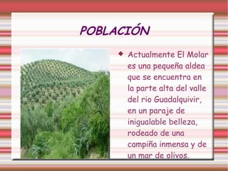 POBLACIÓN
       Actualmente El Molar
        es una pequeña aldea
        que se encuentra en
        la parte alta del valle
        del rio Guadalquivir,
        en un paraje de
        inigualable belleza,
        rodeado de una
        campiña inmensa y de
        un mar de olivos.
 