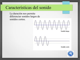 Características del sonido
La duración nos permite
diferenciar sonidos largos de
sonidos cortos.
 