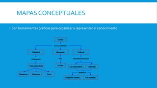 MAPAS CONCEPTUALES
Son herramientas gráficas para organizar y representar el conocimiento.