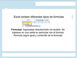 En Excel existen diferentes tipos de formulas
Formulas: Ingresadas directamente vía teclado. Se
ingresan en una celda en particular con el formato
=formula (signo igual y contenido de la formula).

 