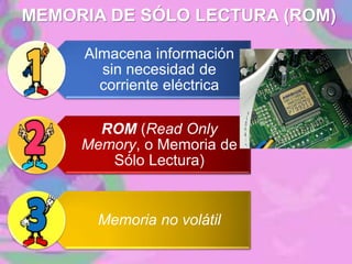 MEMORIA DE SÓLO LECTURA (ROM)
Almacena información
sin necesidad de
corriente eléctrica
ROM (Read Only
Memory, o Memoria de
Sólo Lectura)
Memoria no volátil
 