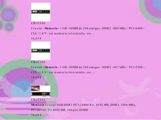 CRUCIAL
Cr u cial - Memoria - 1 GB - DIMM d e 240 esp igas - DDR2 - 800 MHz / PC2-6400 -
CL6 - 1.8 V - sin m em or ia in t er m ed ia - n o ...
18,53 €
CRUCIAL
Cr u cial - Memoria - 1 GB - DIMM d e 240 esp igas - DDR2 - 667 MHz / PC2-5300 -
CL5 - 1.8 V - sin m em or ia in t er m ed ia - n o ...
19,74 €
CRUCIAL
Memoria Cr u cial 8GB DDR3 PC3-14400 Kit , 8192 MB, DDR3, 1866 MHz,
PC/ ser ver , 2 x 4096 MB, 240-p in DIMM
78,69 €
 