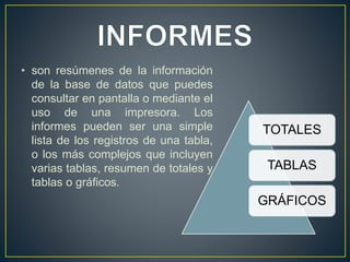 • son resúmenes de la información 
de la base de datos que puedes 
consultar en pantalla o mediante el 
uso de una impresora. Los 
informes pueden ser una simple 
lista de los registros de una tabla, 
o los más complejos que incluyen 
varias tablas, resumen de totales y 
tablas o gráficos. 
TOTALES 
TABLAS 
GRÁFICOS 
 