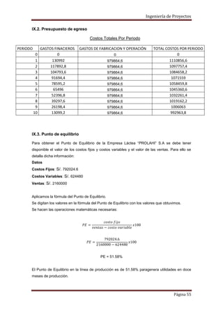 Ingeniería de Proyectos
IX.2. Presupuesto de egreso
Costos Totales Por Periodo
PERIODO
0
1
2
3
4
5
6
7
8
9
10

GASTOS FINACIEROS
0
130992
117892,8
104793,6
91694,4
78595,2
65496
52396,8
39297,6
26198,4
13099,2

GASTOS DE FABRICACION Y OPERACIÓN
0
979864,6
979864,6
979864,6
979864,6
979864,6
979864,6
979864,6
979864,6
979864,6
979864,6

TOTAL COSTOS POR PERIODO
0
1110856,6
1097757,4
1084658,2
1071559
1058459,8
1045360,6
1032261,4
1019162,2
1006063
992963,8

IX.3. Punto de equilibrio
Para obtener el Punto de Equilibrio de la Empresa Láctea “PROLAHI” S.A se debe tener
disponible el valor de los costos fijos y costos variables y el valor de las ventas. Para ello se
detalla dicha información:
Datos
Costos Fijos: S/. 792024.6
Costos Variables: S/. 624480
Ventas: S/. 2160000

Aplicamos la fórmula del Punto de Equilibrio.
Se digitan los valores en la fórmula del Punto de Equilibrio con los valores que obtuvimos.
Se hacen las operaciones matemáticas necesarias:

PE = 51.58%

El Punto de Equilibrio en la línea de producción es de 51.58% paragenera utilidades en doce
meses de producción.

Página 55

 
