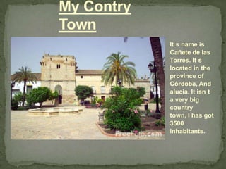 It´snameis Cañete de las Torres. It´slocated in theprovince of Córdoba, Andalucia. Itisn´t a verybig country town, I has got 3500 inhabitants. My Contry Town 