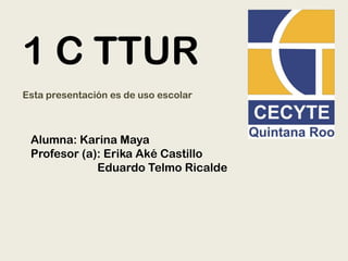 1 C TTUR
Esta presentación es de uso escolar



 Alumna: Karina Maya
 Profesor (a): Erika Aké Castillo
             Eduardo Telmo Ricalde
 