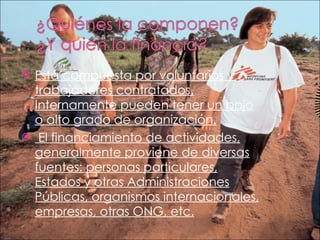 Está compuesta por voluntarios y trabajadores contratados. Internamente pueden tener un bajo o alto grado de organización. El financiamiento de actividades, generalmente proviene de diversas fuentes: personas particulares, Estados y otras Administraciones Públicas, organismos internacionales, empresas, otras ONG, etc. 