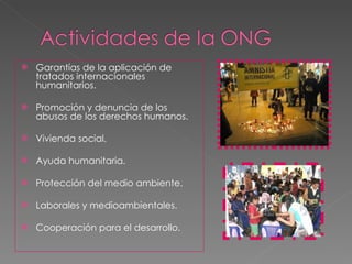 Garantías de la aplicación de tratados internacionales humanitarios.  Promoción y denuncia de los abusos de los derechos humanos.  Vivienda social.  Ayuda humanitaria.  Protección del medio ambiente. Laborales y medioambientales.  Cooperación para el desarrollo.  