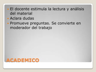 ACADEMICO
 El docente estimula la lectura y análisis
del material
 Aclara dudas
 Promueve preguntas. Se convierte en
moderador del trabajo
 