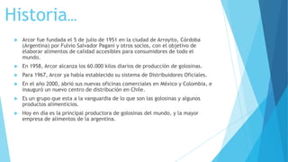 Historia…


Arcor fue fundada el 5 de julio de 1951 en la ciudad de Arroyito, Córdoba
(Argentina) por Fulvio Salvador Pagani y otros socios, con el objetivo de
elaborar alimentos de calidad accesibles para consumidores de todo el
mundo.



En 1958, Arcor alcanza los 60.000 kilos diarios de producción de golosinas.



Para 1967, Arcor ya había establecido su sistema de Distribuidores Oficiales.



En el año 2000, abrió sus nuevas oficinas comerciales en México y Colombia, e
inauguró un nuevo centro de distribución en Chile.



Es un grupo que esta a la vanguardia de lo que son las golosinas y algunos
productos alimenticios.



Hoy en día es la principal productora de golosinas del mundo, y la mayor
empresa de alimentos de la argentina.

 