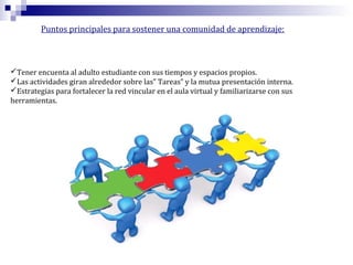 Puntos principales para sostener una comunidad de aprendizaje:

Tener encuenta al adulto estudiante con sus tiempos y espacios propios.
Las actividades giran alrededor sobre las” Tareas” y la mutua presentación interna.
Estrategias para fortalecer la red vincular en el aula virtual y familiarizarse con sus
herramientas.

 