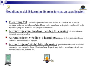 Modalidades del E-learning diversas formas en su aplicación:



E-learning 2.0: aprendizaje se convierte en actividad creativa, los usuarios
emplean software social como Wiki, blogs, redes y realizan actividades colaborativas de
aprendizajes para producir sus propios contenidos.



Aprendizaje combinado o Blendeg E-Learning: alternando con
encuentros presenciales.



Aprendizaje en vivo live- e-learning: propone la formación mediante
sistemas de conferencias en Web.



Aprendizaje móvil- Mobile e-learning: puede realizarse en cualquier
momento y en cualquier lugar. Es a través de dispositivos , tales como latops, teléfonos
móviles, celulares, tablets, etc.

 