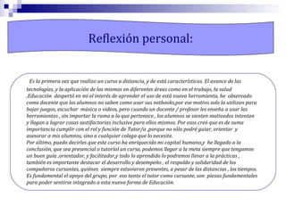 Reflexión personal:

Es la primera vez que realizo un curso a distancia, y de está características. El avance de las
tecnologías, y la aplicación de las mismas en diferentes áreas como en el trabajo, la salud
,Educación despertó en mi el interés de aprender el uso de está nueva herramienta, he observado
como docente que los alumnos no saben como usar sus netbooks,por ese motivo solo la utilizan para
bajar juegos, escuchar música o videos, pero cuando un docente / profesor les enseña a usar las
herramientas , sin importar la rama a la que pertenece , los alumnos se sienten motivados intentan
y llegan a lograr cosas sastifactorias inclusive para ellos mismos. Por esos creó que es de suma
importancia cumplir con el rol y función de Tutor/a ,porque no sólo podré guiar, orientar y
asesorar a mis alumnos, sino a cualquier colega que lo necesite.
Por último, puedo decirles que este curso ha enriquecido mi capital humano,y he llegado a la
conclusión, que sea presencial o tutoríal un curso, podemos llegar a la meta siempre que tengamos
un buen guía ,orientador, y facilitador,y todo lo aprendido lo podremos llevar a la prácticas ,
también es importante destacar el desarrollo y desempeño , el respaldo y solidaridad de los
compañeros cursantes, quiénes siempre estuvieron presentes, a pesar de las distancias , los tiempos.
Es fundamental el apoyo del grupo, por eso tanto el tutor como cursante, son piezas fundamentales
para poder sentirse integrado a esta nueva forma de Educación.

 