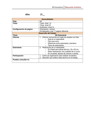Mi Estandarte Educación Artística
Año: 20__
Generalidades
Hoja A4
Texto Texto. Arial, 12
Título: Arial,16
Subtítulos: Arial,14
Configuración de página Orientación: vertical
Encabezado y pie: 1º página diferente
Desarrollo del trabajo
Titulo Mi Estandarte
Informe 1. Informe manuscrito en hojas de carpeta con folio:
o Qué es un estandarte.
o Para que sirve.
o Diferencia entre estandarte y bandera.
o Tipos de estandartes.
Estandarte 2. Realización de un estandarte.
o En Papel para dibujo técnico. 35 x 50 cm.
o Debe representar una cualidad de tu curso.
o En acuarela, lápices de colores o ceritas.
Participación 1. Cómo se organizaron para realizar el práctico.
2. Describir que realizó cada alumno en el trabajo.
Puedes consultar en