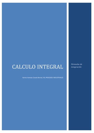 CALCULO INTEGRAL
Karina Vanessa Zavala Bernal, 4 B, PROCESOS INDUSTRIALES
Fórmulas de
integración
 