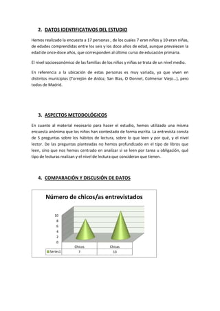 2. DATOS IDENTIFICATIVOS DEL ESTUDIO
Hemos realizado la encuesta a 17 personas , de los cuales 7 eran niños y 10 eran niñas,
de edades comprendidas entre los seis y los doce años de edad, aunque prevalecen la
edad de once-doce años, que corresponden al último curso de educación primaria.

El nivel socioeconómico de las familias de los niños y niñas se trata de un nivel medio.

En referencia a la ubicación de estas personas es muy variada, ya que viven en
distintos municipios (Torrejón de Ardoz, San Blas, O Donnel, Colmenar Viejo…), pero
todos de Madrid.




   3. ASPECTOS METODOLÓGICOS
En cuanto al material necesario para hacer el estudio, hemos utilizado una misma
encuesta anónima que los niños han contestado de forma escrita. La entrevista consta
de 5 preguntas sobre los hábitos de lectura, sobre lo que leen y por qué, y el nivel
lector. De las preguntas planteadas no hemos profundizado en el tipo de libros que
leen, sino que nos hemos centrado en analizar si se leen por tarea u obligación, qué
tipo de lecturas realizan y el nivel de lectura que consideran que tienen.



   4. COMPARACIÓN Y DISCUSIÓN DE DATOS


        Número de chicos/as entrevistados

             10
              8
              6
              4
              2
              0
                        Chicos              Chicas
          Series1         7                  10
 