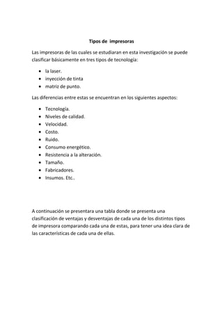 Trabajo investigativo sobre las impresoras