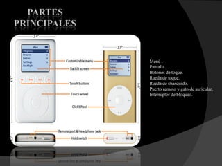 Menú . Pantalla.  Botones de toque. Rueda de toque.  Rueda de chasquido. Puerto remoto y gato de auricular. Interruptor de bloqueo. 