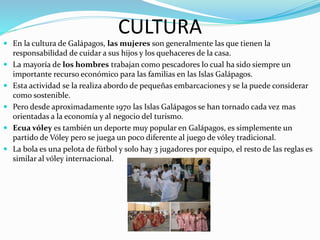 CULTURA
 En la cultura de Galápagos, las mujeres son generalmente las que tienen la
responsabilidad de cuidar a sus hijos y los quehaceres de la casa.
 La mayoría de los hombres trabajan como pescadores lo cual ha sido siempre un
importante recurso económico para las familias en las Islas Galápagos.
 Esta actividad se la realiza abordo de pequeñas embarcaciones y se la puede considerar
como sostenible.
 Pero desde aproximadamente 1970 las Islas Galápagos se han tornado cada vez mas
orientadas a la economía y al negocio del turismo.
 Ecua vóley es también un deporte muy popular en Galápagos, es simplemente un
partido de Vóley pero se juega un poco diferente al juego de vóley tradicional.
 La bola es una pelota de fútbol y solo hay 3 jugadores por equipo, el resto de las reglas es
similar al vóley internacional.
 