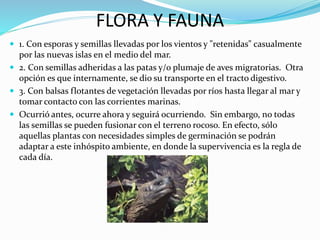 FLORA Y FAUNA
 1. Con esporas y semillas llevadas por los vientos y "retenidas" casualmente
por las nuevas islas en el medio del mar.
 2. Con semillas adheridas a las patas y/o plumaje de aves migratorias. Otra
opción es que internamente, se dio su transporte en el tracto digestivo.
 3. Con balsas flotantes de vegetación llevadas por ríos hasta llegar al mar y
tomar contacto con las corrientes marinas.
 Ocurrió antes, ocurre ahora y seguirá ocurriendo. Sin embargo, no todas
las semillas se pueden fusionar con el terreno rocoso. En efecto, sólo
aquellas plantas con necesidades simples de germinación se podrán
adaptar a este inhóspito ambiente, en donde la supervivencia es la regla de
cada día.
 
