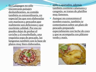  En Galápagos no sólo
encontrarás paisajes
deslumbrantes, su comida
también es extraordinaria, en
especial las que son elaboradas
con mariscos y pescados que
realmente son deliciosos y que
excelente calidad. Por eso no
puedes dejar de probar el
ceviche y el encebollado, una
exquisita sopa de pescado, las
langostas también son la base de
platos muy bien elaborados.
 ajillo o apanados, además
también contiene calamares y
cangrejo, se tratan de platillos
muy famosos.
 Aunque no conocemos el
nombre exacto, también te
comentamos sobre un plato de
pescado preparado
especialmente con leche de coco
y que se acompaña con plátano
verde y maíz.
 