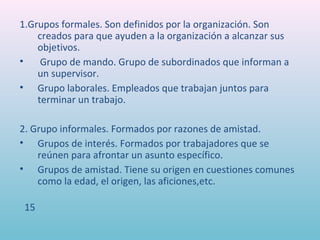1.Grupos formales. Son definidos por la organización. Son
    creados para que ayuden a la organización a alcanzar sus
    objetivos.
•    Grupo de mando. Grupo de subordinados que informan a
    un supervisor.
• Grupo laborales. Empleados que trabajan juntos para
    terminar un trabajo.

2. Grupo informales. Formados por razones de amistad.
• Grupos de interés. Formados por trabajadores que se
    reúnen para afrontar un asunto específico.
• Grupos de amistad. Tiene su origen en cuestiones comunes
    como la edad, el origen, las aficiones,etc.

 15
 