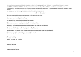 COMUNICACIÓN LINGÜÍSTICA: Ejercitar la escucha de la palabra de Dios, lenguaje bíblico. Enriquecer el vocabulario y potenciar la lectura.

COMPETENCIA CULTURAL Y ARTÍSTICA: Vida de Jesús como inspiración del arte y cultura. Judaísmo, importancia en la vida de Jesús.

COMPETENCIA DE AUTONOMÍA E INICIATIVA PERSONAL: Descubrir las similitudes con el ciego y la posibilidad de ser ayudado por Jesús de la misma
manera.

COMPETENCIA ESPIRITUAL: Reforzar la apertura del ser humano a la transcendencia

                                                                 Competencias

-Escucha con respeto y atención los textos bíblicos leídos en clase.

-Reconoce la novedad que trae Jesús.

-Se esfuerza por conseguir un trabajo de calidad.

-Extrae los momentos más importantes de los textos bíblicos.

-Reconoce los momentos fundamentales del pasaje del ciego de nacimiento.

-Reconoce el Sukkot, como la Fiesta judía de las Tiendas.

-Relaciona la Piscina de Siloé, con el encuentro de Jesús con el ciego de nacimiento.

-Conoce el significado de testigo y se identifica con él.



Conceptuales:

-Fiesta judía de las Tiendas.




-Piscina de Siloé.




-Significado de testigo.

                                                                                                                                               6
 