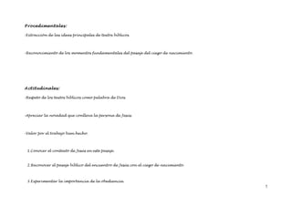 Procedimentales:

-Extracción de las ideas principales de textos bíblicos.




-Reconocimiento de los momentos fundamentales del pasaje del ciego de nacimiento.




Actitudinales:

-Respeto de los textos bíblicos como palabra de Dios.




-Apreciar la novedad que conlleva la persona de Jesús.




-Valor por el trabajo bien hecho.




 1.Conocer el contexto de Jesús en este pasaje.



 2.Reconocer el pasaje bíblico del encuentro de Jesús con el ciego de nacimiento.



 3.Experimentar la importancia de la obediencia.
                                                                                    7
 