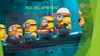 ROL DEL APRENDIZ
El rol del aprendiz en los ambientes de aprendizaje es importante, por que cambia la
manera de recibir sus clases que era de forma magistral. Por que Ya:
 Se vuelve un aprendizaje autónomo
 Se sienta más motivado, ya que él es quien resuelve los problemas, planea y dirige
su propio proyecto.
 Dirija por sí mismo las actividades de aprendizaje.
 Se convierta en un descubridor, integrador y presentador de ideas.
 Defina sus propias tareas y trabaje en ellas, independientemente del tiempo que
requieren.
 Use la tecnología para manejar sus presentaciones o ampliar sus capacidades.
 Trabaje en equipo.
 Se enfrente a ambigüedades, complejidades y a lo impredecible.
 Se enfrente a obstáculos, busque recursos y resuelva problemas para enfrentarse a
los retos que se le presentan.
 Adquiera nuevas habilidades y desarrolle las que ya tiene.
 