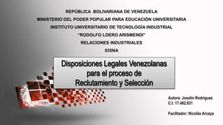 REPÚBLICA BOLIVARIANA DE VENEZUELA
MINISTERIO DEL PODER POPULAR PARA EDUCACIÓN UNIVERSITARIA
INSTITUTO UNIVERSITARIO DE TECNOLOGÍA INDUSTRIAL
“RODOLFO LOERO ARISMENDI”
RELACIONES INDUSTRIALES
035NA
Autora: Joselin Rodríguez
C.I: 17.482.831
Facilitador: Nicolás Arcaya
 