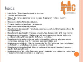 ÍNDICE
 Logo, ficha y ficha de productos de la empresa.
 Trámites de constitución.
 Cálculo del margen comercial sobre el precio de compra y venta de nuestros
productos.
 Realización de las fichas de productos.
 Ficha de clientes, proveedores y acreedores.
 Realización de las fichas de personal.
 Departamento de recepción: (Tarjeta de presentación, saluda, libro registro entrada de
correspondencia).
 Departamento de almacén: (Ficha de almacén, hoja de recepción, OIC, nota interna).
 Departamento de compras: (Carta comercial, pedidos emitidos, libro de registro de
pedidos emitidos y libro de registro de facturas recibidas).
 Departamento de ventas: (Libro de registro de pedidos recibidos, albaranes, cartas
comerciales, facturas, libro de registro de facturas emitidas, fax)
 Departamento de RR-HH: (Cálculo de retención del IRPF, nóminas, calendario laboral,
contratación de una trabajadora, copia básica del contrato).
 Departamento de contabilidad: (Libro de registro de bienes de inversión, Inventario,
registro de la contabilidad).
 Departamento de Tesorería: (Documentos que intervienen en el proceso de cobro-pago
y otros movimientos dinerarios de la empresa).
 