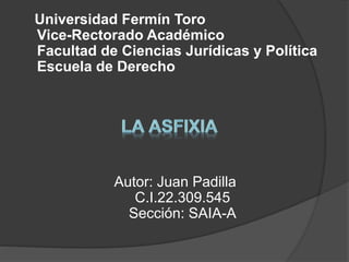 Universidad Fermín Toro
Vice-Rectorado Académico
Facultad de Ciencias Jurídicas y Política
Escuela de Derecho
Autor: Juan Padilla
C.I.22.309.545
Sección: SAIA-A
 