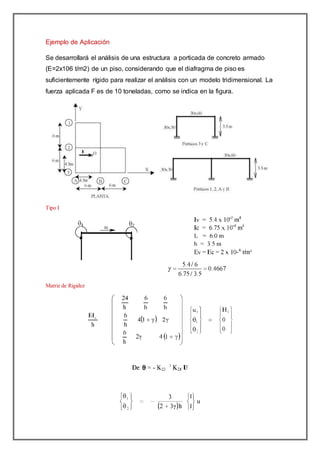 Ejemplo de Aplicación
Se desarrollará el análisis de una estructura a porticada de concreto armado
(E=2x106 t/m2) de un piso, considerando que el diafragma de piso es
suficientemente rígido para realizar el análisis con un modelo tridimensional. La
fuerza aplicada F es de 10 toneladas, como se indica en la figura.
Tipo I
Matriz de Rigidez
 