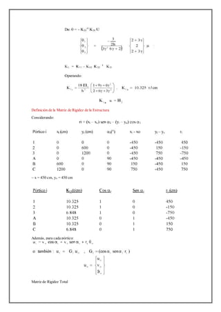 Definición de la Matriz de Rigidez de la Estructura
Considerando:
~ x = 450 cm, yo = 450 cm
Además, para cada pórtico:
Matriz de Rigidez Total
 