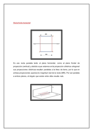 Recta fronto-horizontal
Es una recta paralela tanto al plano horizontal, como al plano frontal de
proyección (vertical) y debido a que estamos en la proyección cilíndrica ortogonal
sus proyecciones diédricas resultan paralelas a la línea de tierra, por lo que en
ambas proyecciones aparece la magnitud real de la recta (MR). Por ser paralela
a ambos planos, el ángulo que existe entre ellos resulta nulo.
 