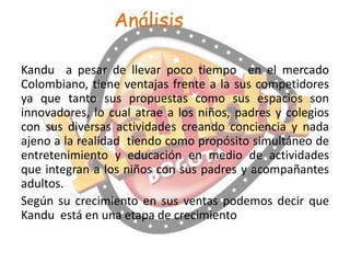 Análisis
Kandu a pesar de llevar poco tiempo en el mercado
Colombiano, tiene ventajas frente a la sus competidores
ya que tanto sus propuestas como sus espacios son
innovadores, lo cual atrae a los niños, padres y colegios
con sus diversas actividades creando conciencia y nada
ajeno a la realidad tiendo como propósito simultáneo de
entretenimiento y educación en medio de actividades
que integran a los niños con sus padres y acompañantes
adultos.
Según su crecimiento en sus ventas podemos decir que
Kandu está en una etapa de crecimiento

 