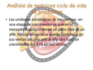 Análisis de matrices ciclo de vida
de productos
• Las unidades estratégicas se encuentran en
una etapa de crecimiento ya que en el
mercado Bogotano llevan un poco mas de un
año. Adicionalmente se puede evidenciar en
sus ventas del año uno al año dos tuvo un
crecimiento del 31% en sus ventas.

 