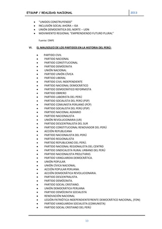 ETSUNP / REALIDAD NACIONAL                                            2013


        “UNIDOS CONSTRUYENDO”
        INCLUSIÓN SOCIAL AHORA – ISA
        UNIÓN DEMOCRÁTICA DEL NORTE – UDN
        MOVIMIENTO REGIONAL “EMPRENDIENDO FUTURO PLURAL”

        Fuente: ONPE

 VI.   EL MAUSOLEO DE LOS PARTIDOS EN LA HISTORIA DEL PERÚ:

            PARTIDO CIVIL
            PARTIDO NACIONAL
            PARTIDO CONSTITUCIONAL
            PARTIDO DEMÓCRATA
            UNIÓN NACIONAL
            PARTIDO UNIÓN CÍVICA
            PARTIDO LIBERAL
            PARTIDO CIVIL INDEPENDIENTE
            PARTIDO NACIONAL DEMOCRÁTICO
            PARTIDO DEMOCRÁTICO REFORMISTA
            PARTIDO OBRERO
            PARTIDO LABORISTA DEL PERÚ
            PARTIDO SOCIALISTA DEL PERÚ (PSP)
            PARTIDO COMUNISTA PERUANO (PCP)
            PARTIDO SOCIALISTA DEL PERÚ (PSP)
            PARTIDO NACIONAL AGRARIO
            PARTIDO NACIONALISTA
            UNIÓN REVOLUCIONARIA (UR)
            PARTIDO DESCENTRALISTA DEL SUR
            PARTIDO CONSTITUCIONAL RENOVADOR DEL PERÚ
            ACCIÓN REPUBLICANA
            PARTIDO NACIONALISTA DEL PERÚ
            PARTIDO REGIONALISTA
            PARTIDO REPUBLICANO DEL PERÚ.
            PARTIDO NACIONAL REGIONALISTA DEL CENTRO
            PARTIDO SINDICALISTA RURAL URBANO DEL PERÚ
            PARTIDO NACIONALISTA PROLETARIO.
            PARTIDO VANGUARDIA DEMOCRÁTICA.
            UNIÓN POPULAR.
            UNIÓN CÍVICA NACIONAL.
            ACCIÓN POPULAR PERUANA.
            ACCIÓN DEMOCRÁTICA REVOLUCIONARIA.
            PARTIDO DESCENTRALISTA.
            PARTIDO DEMÓCRATA.
            PARTIDO SOCIAL CRISTIANO.
            UNIÓN DEMOCRÁTICA PERUANA
            PARTIDO DEMÓCRATA SOCIALISTA
            RENOVACIÓN NACIONAL
            LEGIÓN PATRIÓTICA INDEPENDIENTEFRENTE DEMOCRÁTICO NACIONAL, (FDN)
            PARTIDO VANGUARDIA SOCIALISTA (COMUNISTA)
            PARTIDO SOCIAL CRISTIANO DEL PERÚ



                                        10
 